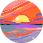 Vibrant sunset over ocean with sun near horizon, colorful sky, and water reflections.