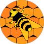 Illustration of a bee with yellow and black stripes on an orange honeycomb background.
